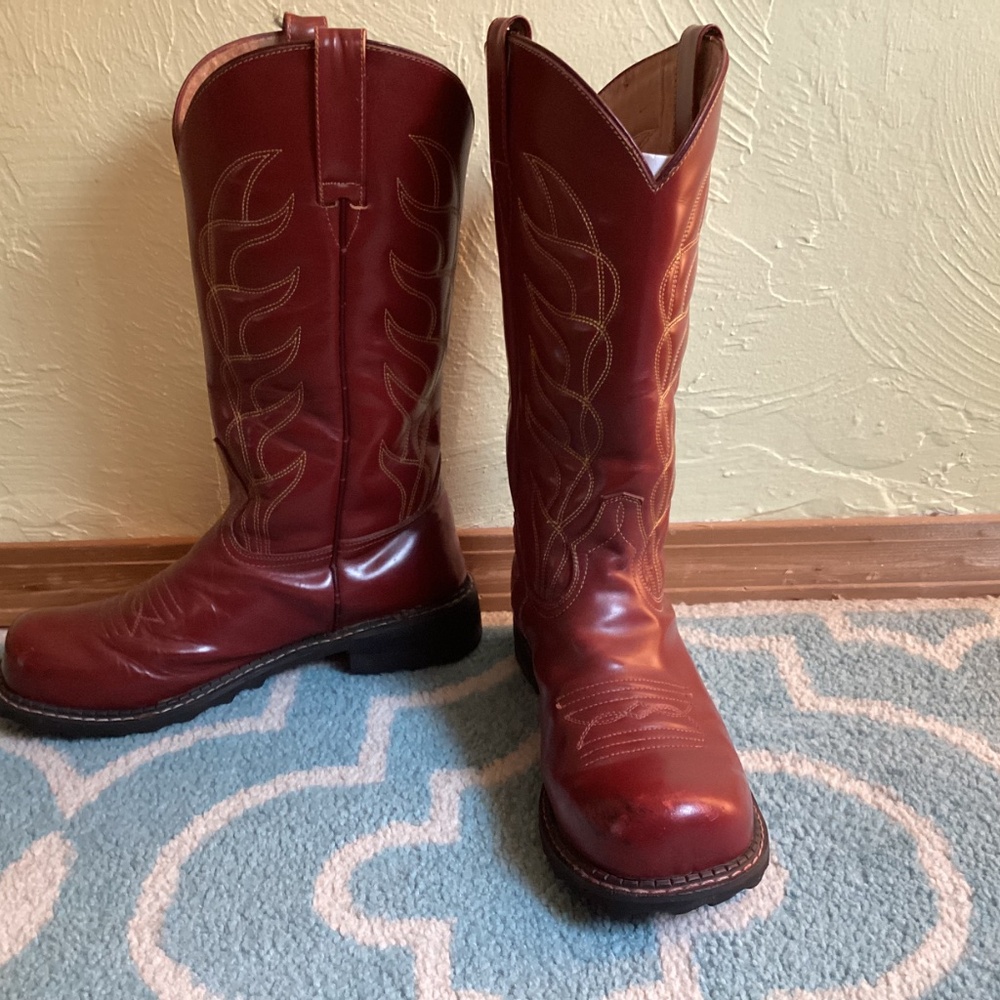John Fluevog Red Leather Resoled F-Shoe Hi Cowboy Western Boots, Sz 10.5 - Picture 8 of 11